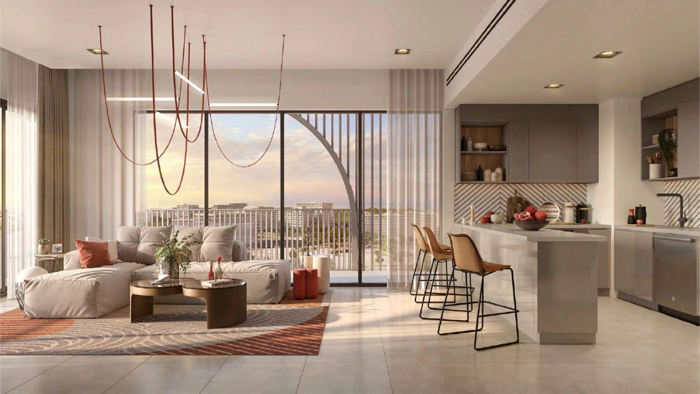 Elegant dining space with access to balcony in Manarat Living residence
